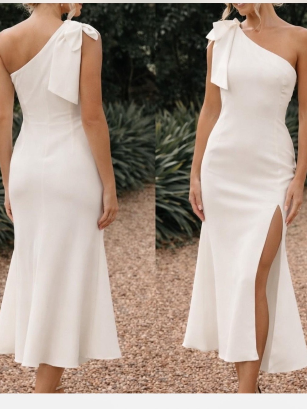 One-Shoulder Charmed Asymmetric Off-White Midi Dress with Side Slit by Petal & P